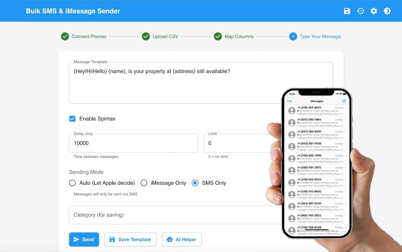 Bulk SMS & iMessage Sender interface